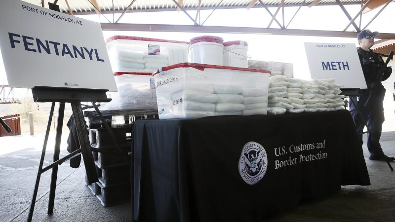A display of the fentanyl and meth that was seized by Customs and Border Protection officers over the weekend at the Nogales Port of Entry is shown during a press conference on Thursday, Jan. 31, 2019, in Nogales, Ariz.  U.S. Customs and Border Protection officials announced Thursday their biggest fentanyl bust ever, saying they captured nearly 254 pounds (114 kilograms) of the deadly synthetic opioid from a secret compartment inside a load of Mexican produce heading into Arizona.  (Mamta Popat/Arizona Daily Star via AP)